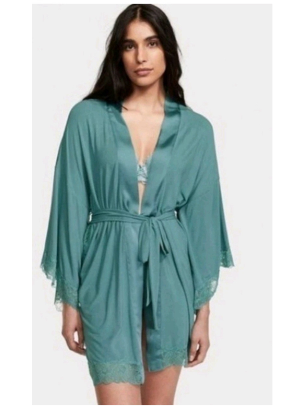 Victoria’s Secret Satin & Lace Kimono Robe Short - True Teal Blue - Size XS/S